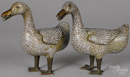 Pair of Chinese cloisonné standing ducks, 8'' h.