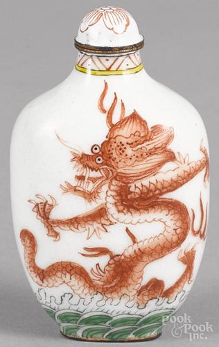 Chinese enamel snuff bottle with dragon decoration and a Qianlong mark, but probably later, 3'' h.