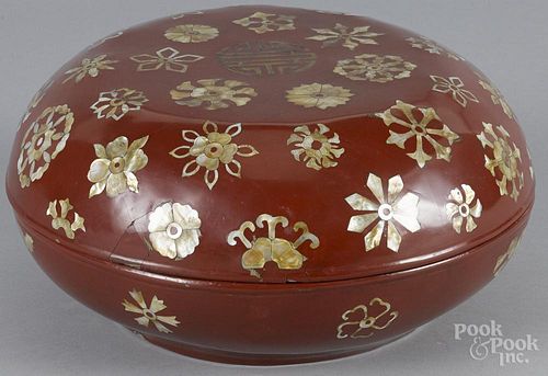 Chinese red lacquer box and cover with mother of pearl inlays, 6 1/4'' h., 12 3/4'' w.