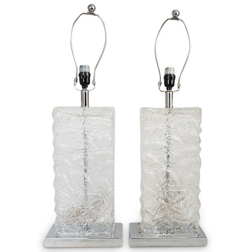 (2 Pc) Mid Century Crackle Glass Table Lamps