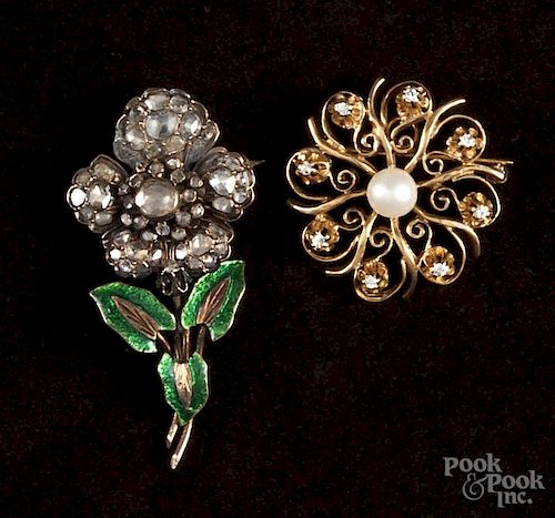 Yellow gold, silver, and diamond floral brooch with enamel leaves