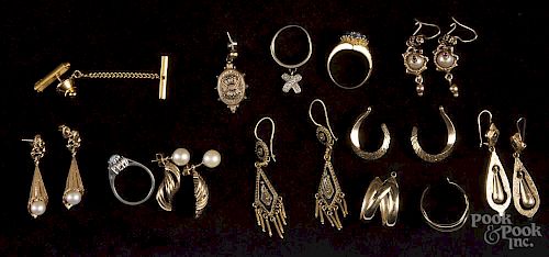 Gold and gold-filled jewelry, to include seven pairs of earrings, one single earring