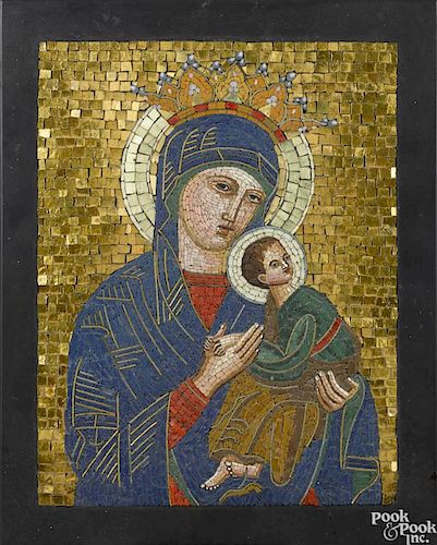 Italian micromosaic plaque, late 19th c., depicting Mary and Jesus, 11'' x 9''.