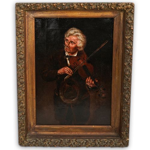 Antique Violinist Oil On Canvas