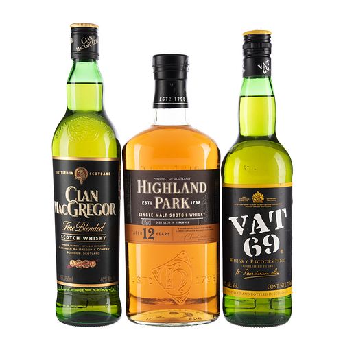 Whisky. a) Clan MacGregor. b) Vat 69. c) Highland Park. Total de piezas: 3.