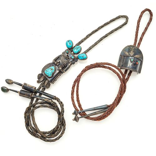 Collection of Two Signed Zuni Turquoise, Sterling Silver Bolos