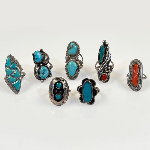Collection of Seven Turquoise, Coral, Silver Rings