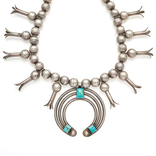 Navajo Turquoise, Silver, Squash Blossom Necklace