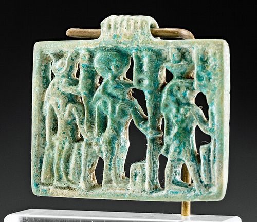 Egyptian Glazed Faience Openwork Amulet w/ 3 Deities