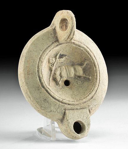 Signed Roman Pottery Oil Lamp w/ Bull Vaulter - CPOMPO