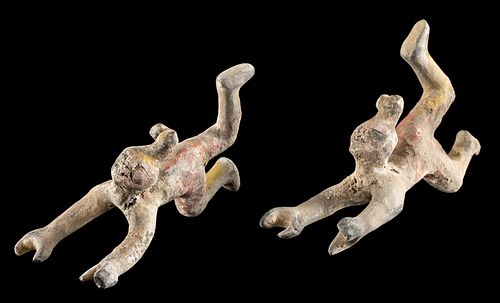 Pair of Chinese Han Painted Pottery Acrobats w/ TL