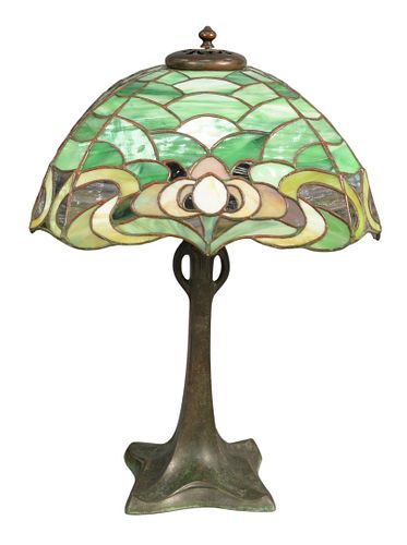 Duffner and Kimberly Owl Table Lamp having square shade with owl face on each side, resting on bronze base, height 22 1/2 inches, width 15 inches.