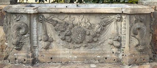 Five Part Limestone Garden Wall, having dolphin and putti ends, wall with fruit, 18th century or earlier, (extremely heavy, several hundred pounds/no 