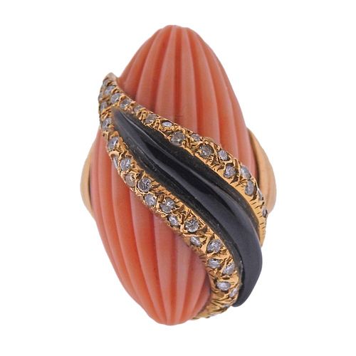 Andre Vassort 18k Gold Carved Coral Diamond Onyx Ring