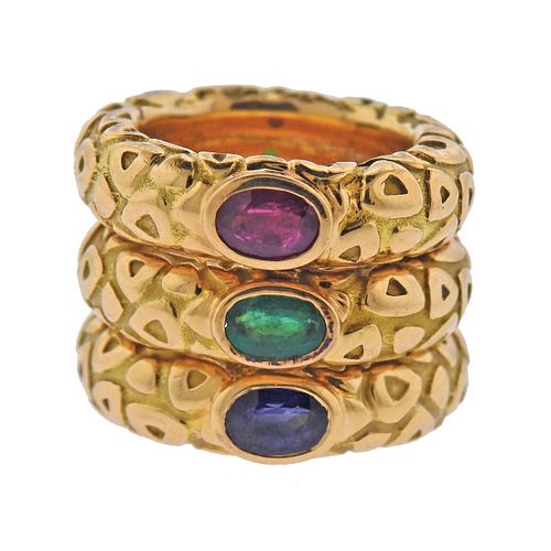 Chaumet Paris 18k Gold Ruby Sapphire Emerald Band Ring Set of 3