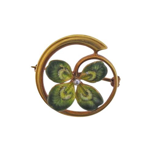 Antique 14k Gold Seed Pearl Enamel Clover Brooch Pin