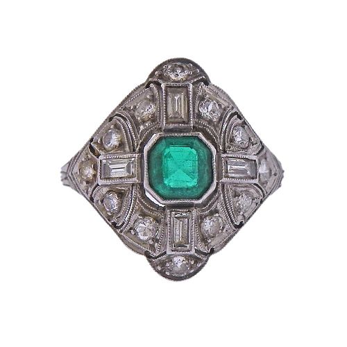 Art Deco Platinum Emerald Diamond Ring 
