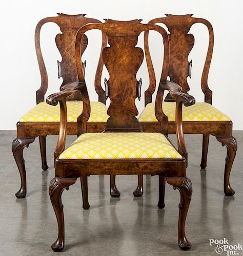 Set of seven George II style burlwood dining chairs, to include one armchair, 38 1/2'' h.