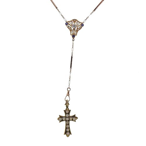 Art Deco Filigree Rose Gold Diamond Sapphire Fob Necklace Cross Pendant