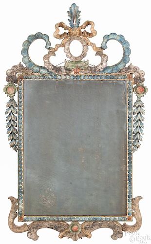 French painted gessoed mirror, 18th c., with floral and foliate arms and a bow crest