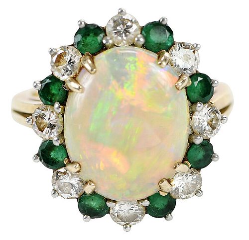 Platinum, 18kt., Opal, Diamond, and Emerald Ring
