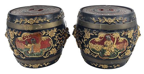 Pair Chinese Polychrome and Gilt Lidded Barrels