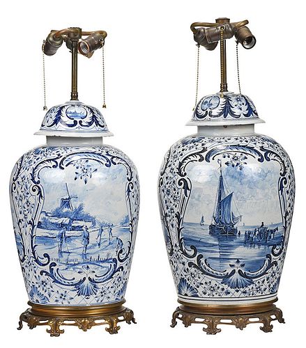 Pair Delft Style Lidded Ginger Jar Lamps