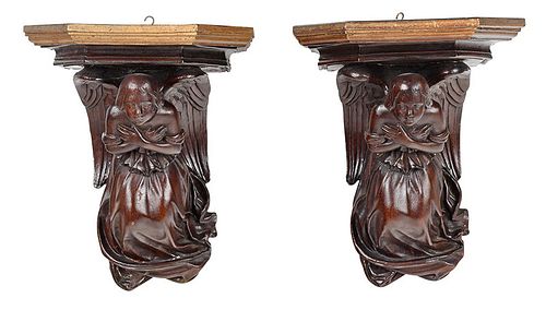 Pair Carved and Gilt Figural Angel Wall Brackets