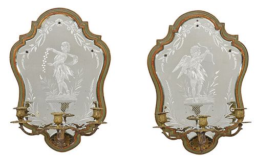 Pair Venetian Mirror Back Three Arm Sconces