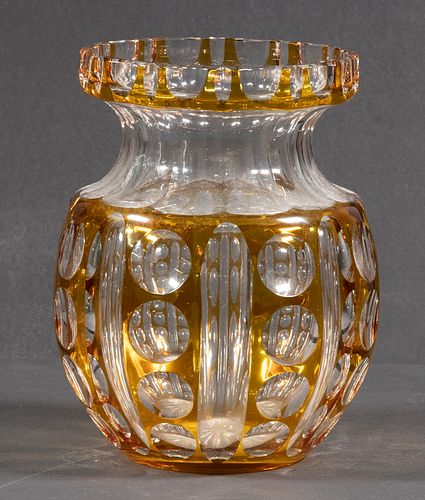 BOHEMIAN AMBER CUT TO CLEAR VASE