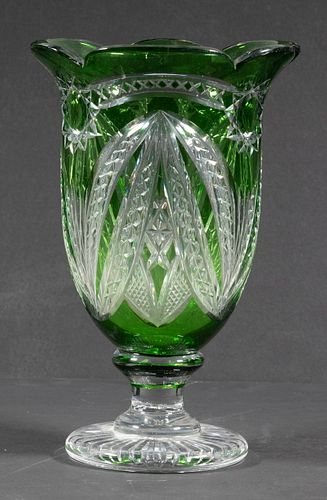 GREEN CUT TO CLEAR GLASS FOOTED VASE