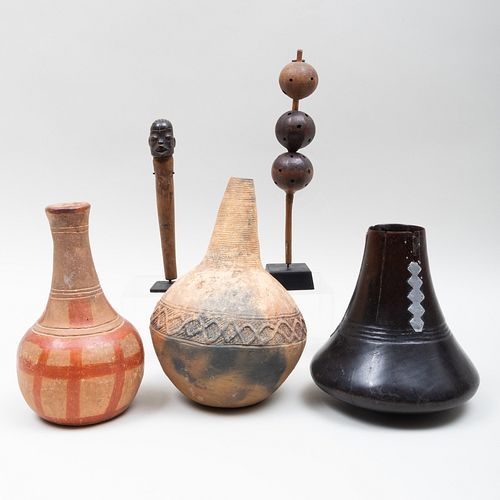 Group of Five African Articles Including a Luba Rattle, Three Vessels, and a Makonde Figural Staff