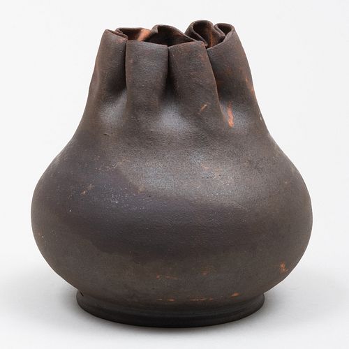 George E. Ohr Brown Pottery Cinched Vase