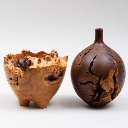 Bruce Bernson Wild Lilac Turned Wood Vase and an Oak Turned Wood Vase