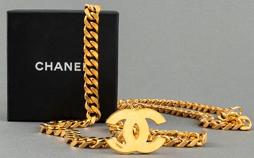 Chanel Gold-Tone Cuban Link Belt with Logo Charm