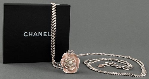 Chanel Silver-Tone Belt With Pink Camellia
