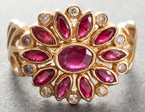 18K Yellow Gold Ruby & Diamond Floriform Ring