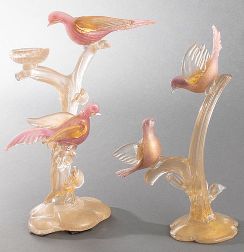 Murano Venetian Blown Glass Birds On Branch, 2