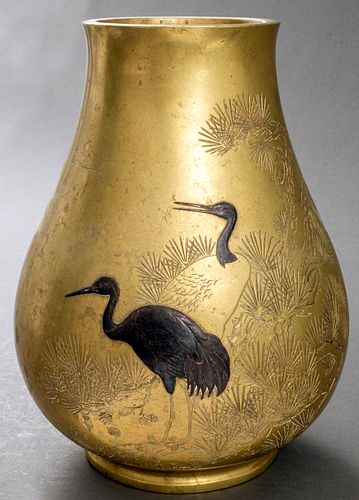 Asian Bronze Vase With Crane Motifs