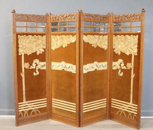 Antique Oak 4 Panel Folding Screen