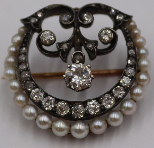 JEWELRY. Signed Antique Pearl and Diamond Brooch.