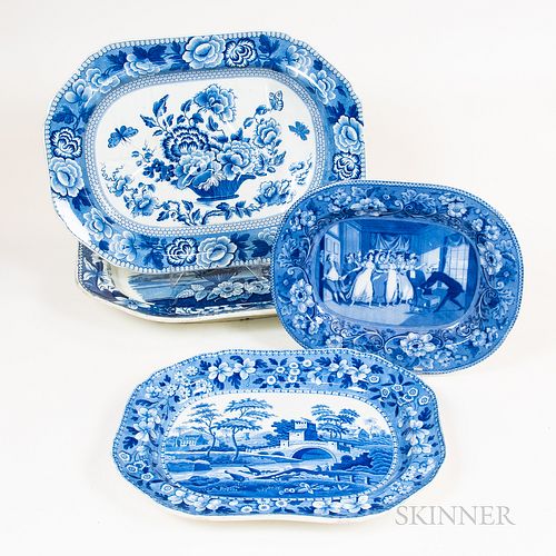Four Large Blue and White Transfer-decorated Platters