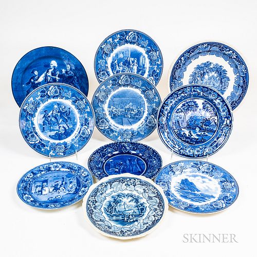 Ten Blue and White Transfer-decorated Plates and a Charger