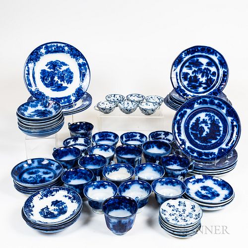Large Group of Flow Blue Cups and Saucers