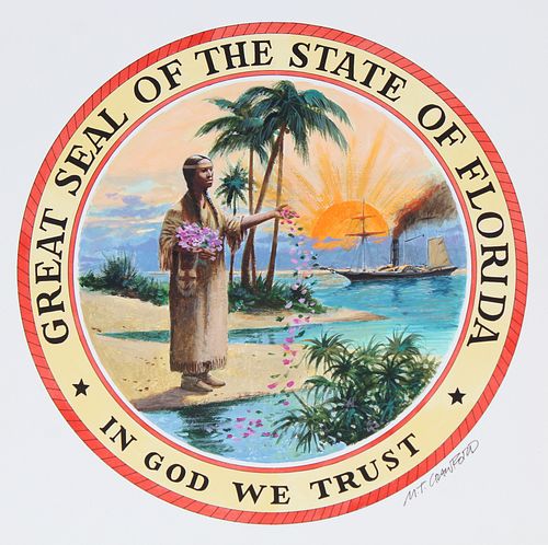 Mel Crawford (B. 1925) "Great Seal of Florida" Oil