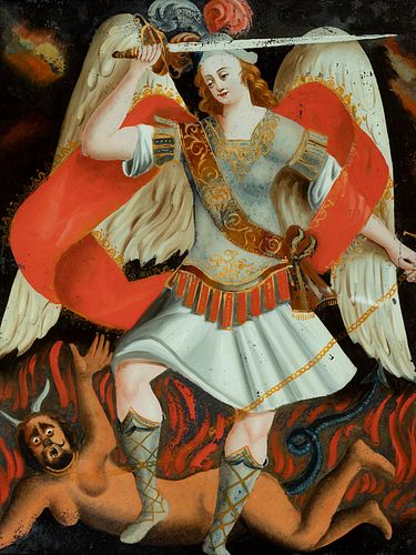 Spanish school of the 18th century.
"Archangel San Miguel".
Oil on glass.