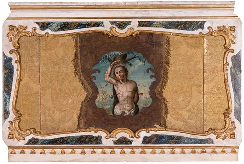 New Spanish school; century XVIII.
"Predella with banner on canvas."
Carved and gilded wood.