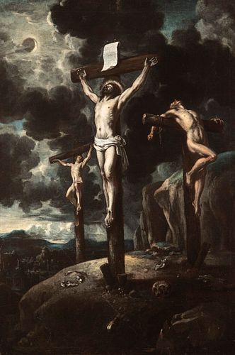 Madrid School; second half of the seventeenth century.
"Calvary".
Oil on canvas. Relined.
Frame from a later period, 19th century.