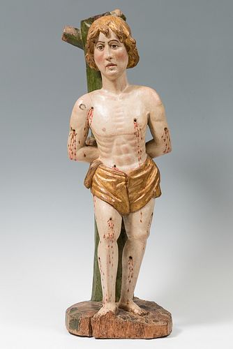 Southern school of Germany, around 1475. "Saint Sebastian" Carved, polychrome and golden wood.