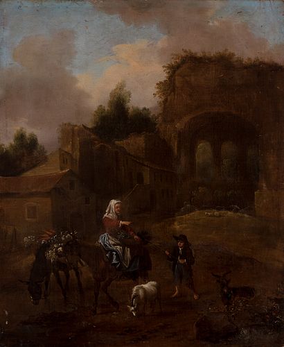 Bamboccianti artist; century XVIII. “Ruined camp with pastoral scene”. Oil on canvas.